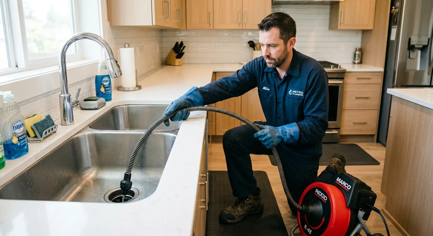 Drain cleaning technician using a motorized snake on a kitchen sink in Los Banos