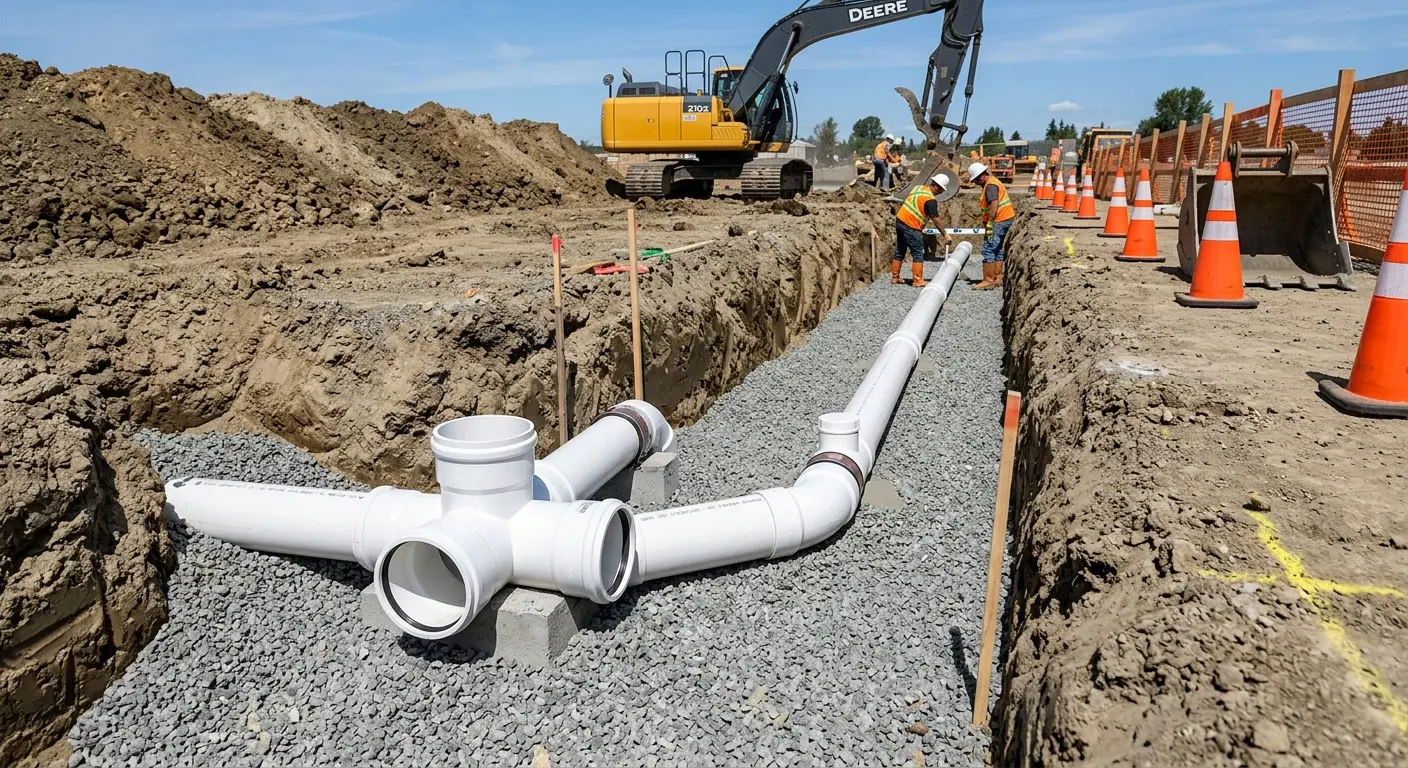 New PVC sewer pipe installation in open trench for Commercial Drain Cleaning in Los Banos
