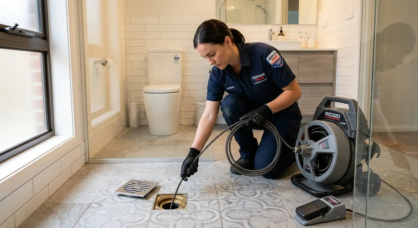 Technician clearing a bathroom floor drain for Clogged Drain Repair in Los Banos